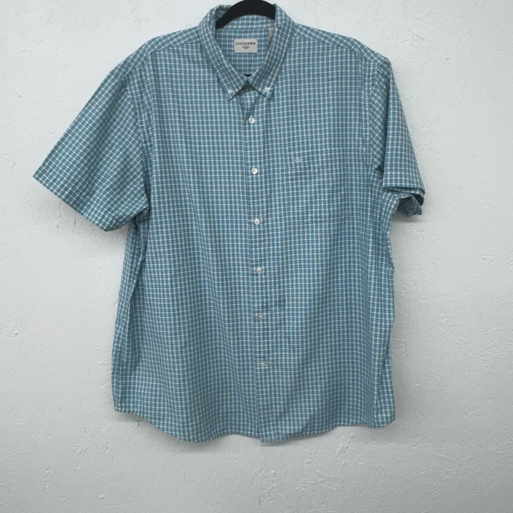 Dockers‎ XL Aqua Check Cotton Button Front Shirt Short Sleeves Easy Care Pocket